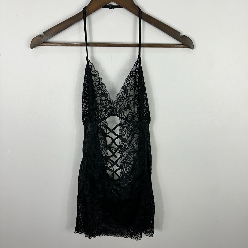 René Rofé Lingerie M/L Black Lace Mesh Babydoll Sheer Strappy Sexy Nightwear